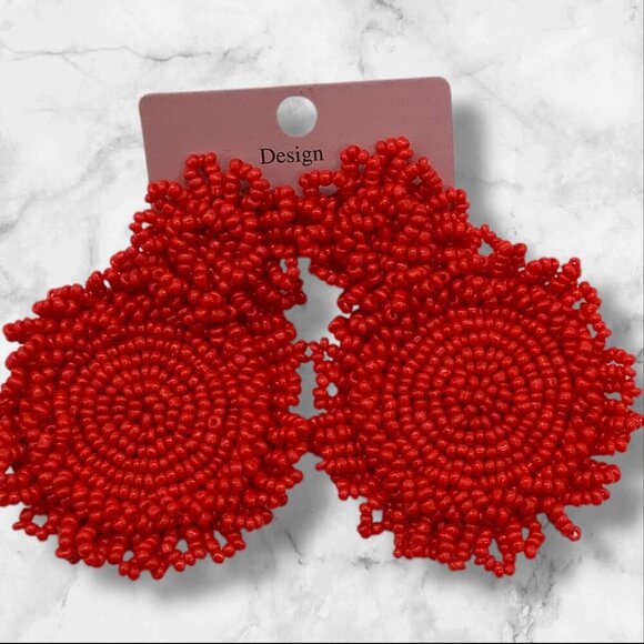 Statement Drop Red Beaded Circular Statement Earrings With Stud Backing - Picture 6 of 8